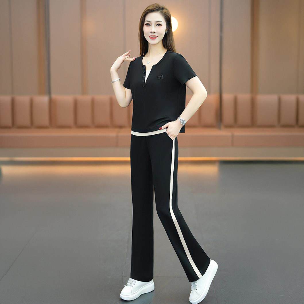 柔软舒适休闲运动套装女2026夏季时尚洋气减龄冰丝短袖长裤两件套