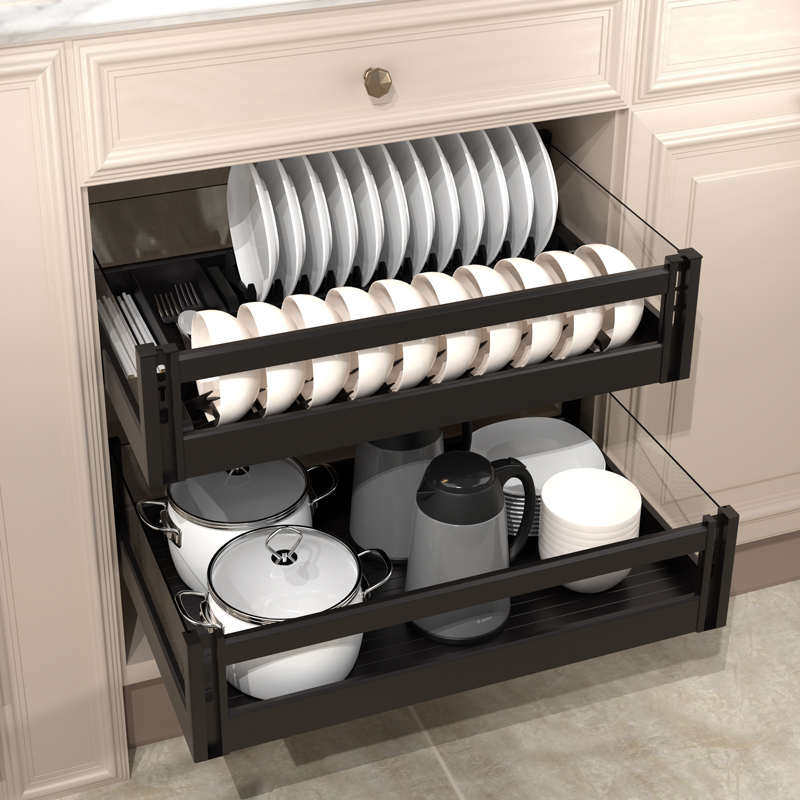 厨房橱柜拉篮抽屉式碗碟锅具调味料收纳架双层碗架抽拉式阻尼轨道