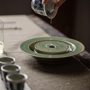 莲蓄水茶盘锡耀瓣纹刻刻陶瓷州半手壶盖泥承 茶托束刀窑日式