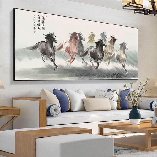 办公室客厅中式挂画新画玄关画背景墙竖马到成功墙壁八骏图装饰画