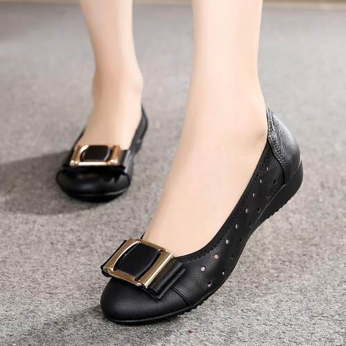 正品春秋妈妈鞋真皮软豆豆鞋皮女平底单鞋舒适轻女便式皮底鞋软休