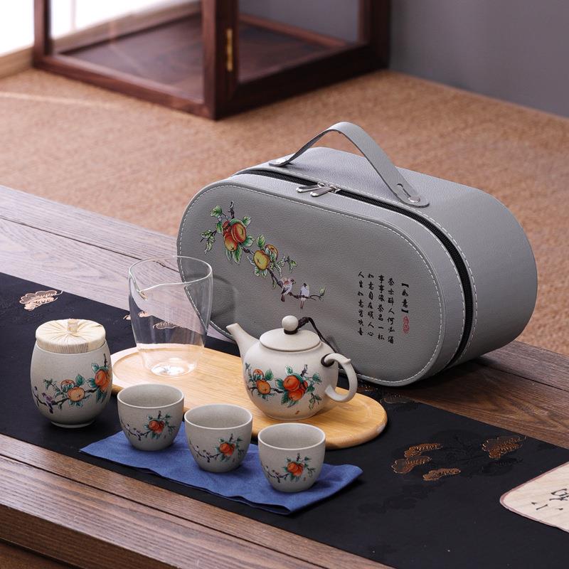 粗陶旅行茶具带茶盘茶巾便捷式旅行茶具快客杯随身户外泡茶壶套装