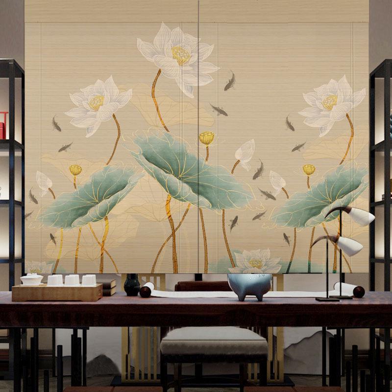 竹帘卷帘隔断窗帘印花中式禅意定制复古装饰阳台遮阳门帘升降荷花