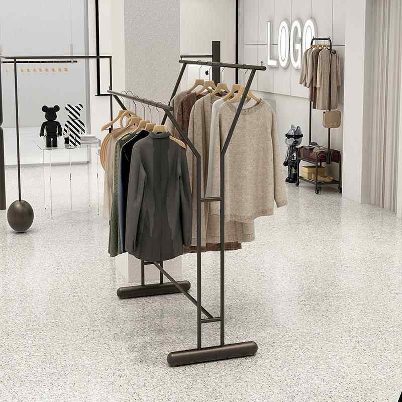 新款直销服装店双排中岛展示架女装店不锈钢黑色落地式挂衣架货架