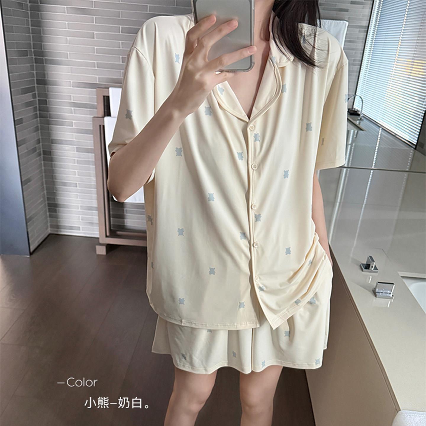夏天凉感女款冰丝睡衣套装带胸垫短袖短裤印花格子开衫出门家居服