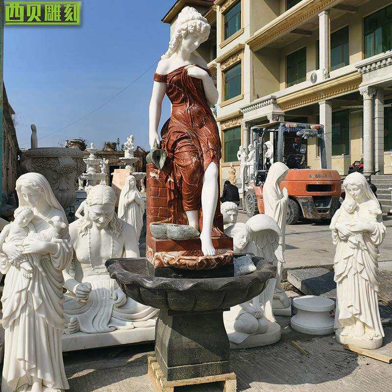 户外石雕拼色欧式人物喷泉花园流水雕塑 庭院大理石天使雕像水景