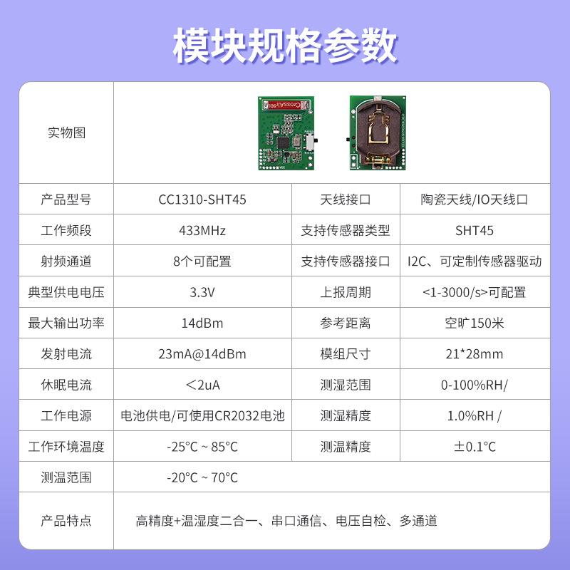 CC1310-SHT45串口通信多通道工业级高精度电池供电无线温湿度传感