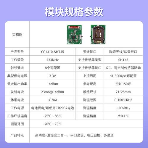 CC1310-SHT45串口通信多通道工业级高精度电池供电无线温湿度传感