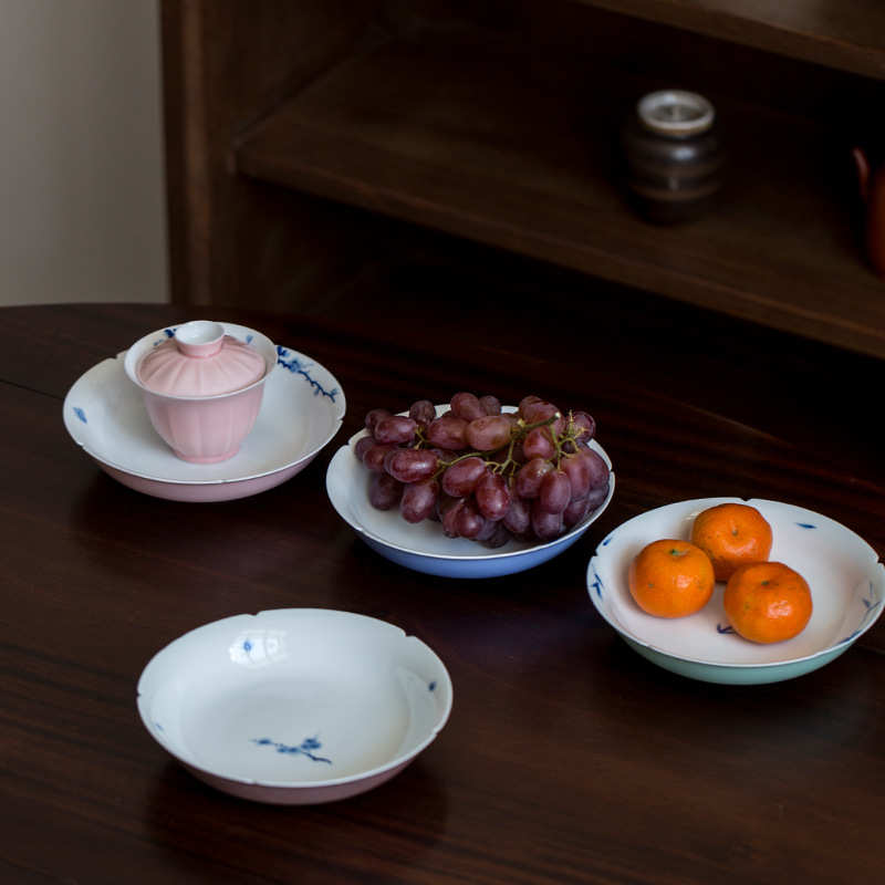 优茶道手绘青花葵口壶承功夫茶具干泡盘托盘家用茶点盘果盘茶配件