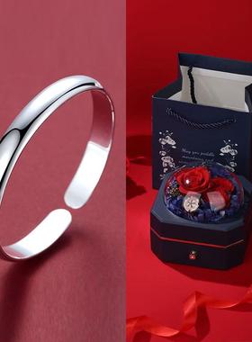 新款妃纯银手镯999镯子女开口简约妈光面饰品七夕礼物送女友妈刻