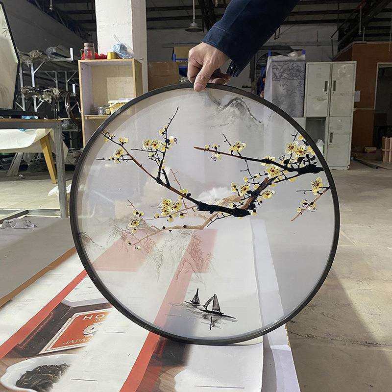 工厂直供来图半透明纱布画印加刺绣屏风玄关画心仿真丝单双面机绣