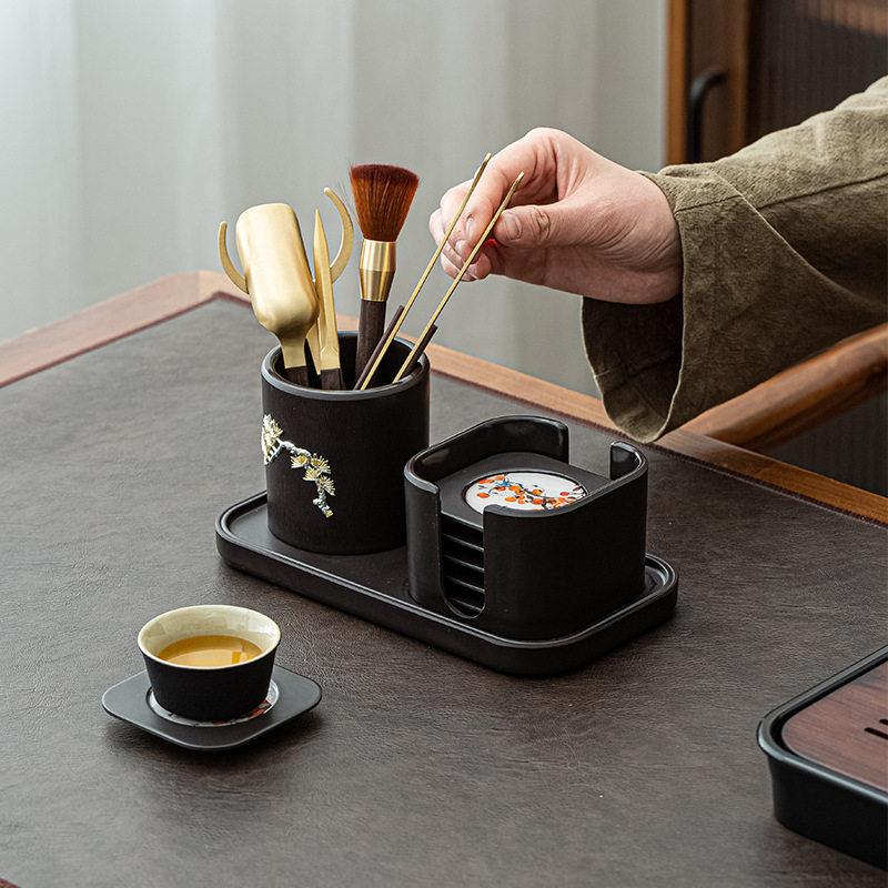 黑檀木茶道六君子套装功夫茶具茶夹杯垫泡茶工具铜制配件组合