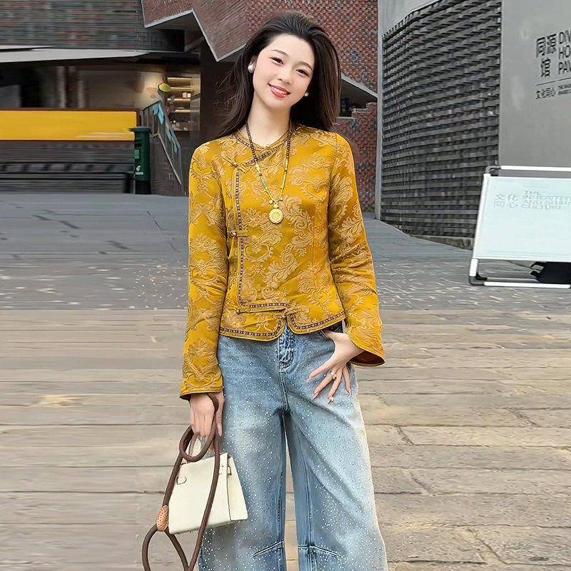 香港代购新中式国风斜襟衬衫女春季新款显瘦提花盘扣复古衬衣上衣