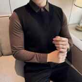 假两件衬衫 毛衣男长袖 春秋加厚保暖高级感商务休闲拼色针织0130r