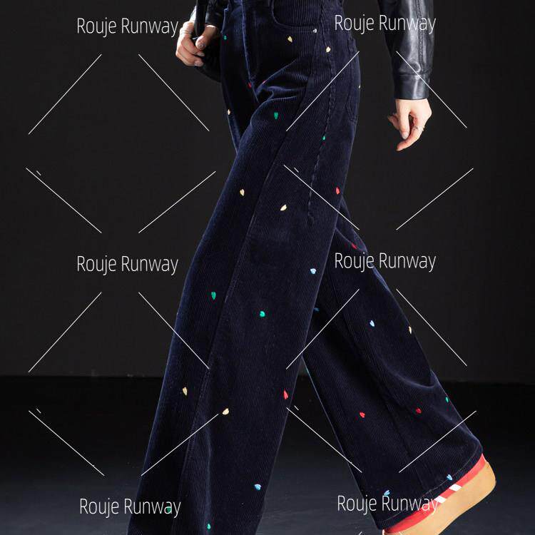 法式Rouje Runway藏青色刺绣灯芯绒裤子女加厚条绒裤直筒阔腿裤女