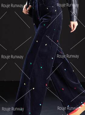 法式Rouje Runway藏青色刺绣灯芯绒裤子女加厚条绒裤直筒阔腿裤女