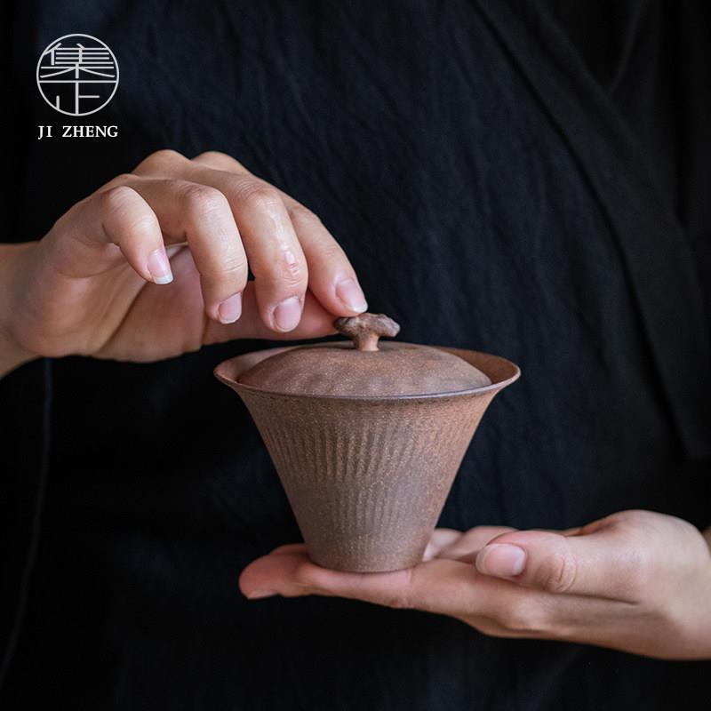 集正 粗陶二才盖碗单个 功夫茶具手工泡茶器家用覆古防烫泡茶碗
