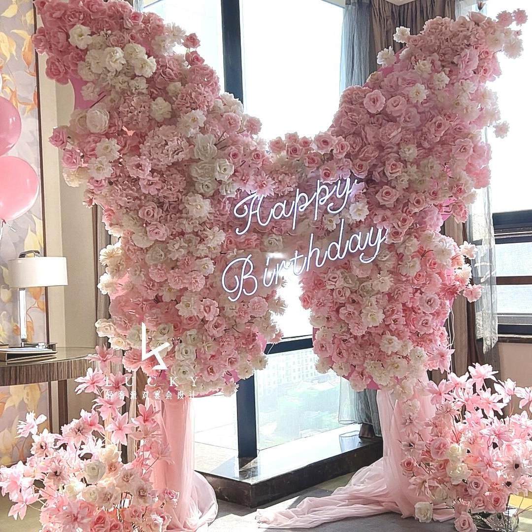 婚庆粉色仿真蝴蝶花艺求婚巨型绢花造景舞台背景生日派对布置摆件