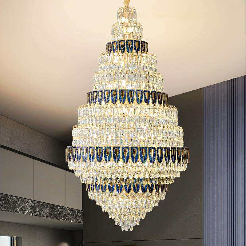 轻奢新中式别墅大厅挑空吊灯大气复式楼中空客厅金黑色水晶大吊灯