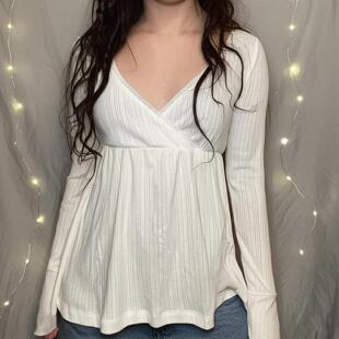 Fashionable Simple Lace Trim Cross V Neck A-Line Long Sleeve