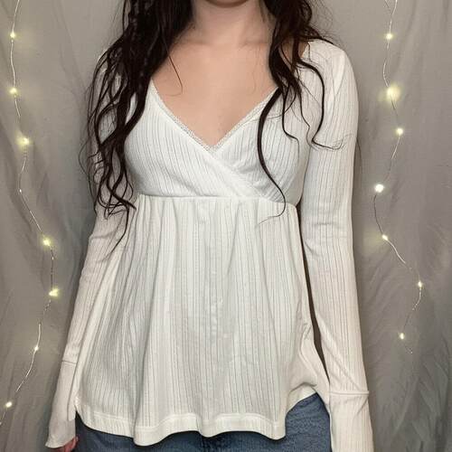 Fashionable Simple Lace Trim Cross V Neck A-Line Long Sleeve