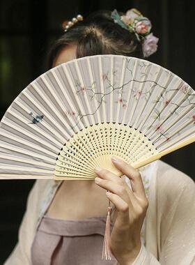 33.33CM Chinese Vintage Style Folding Fan Wooden Handle Clas