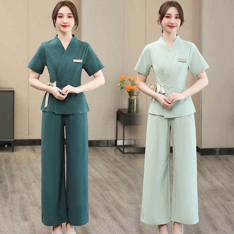 美容院工作服女高端养生馆SPA足疗技师服春夏短袖工服套装绣logo