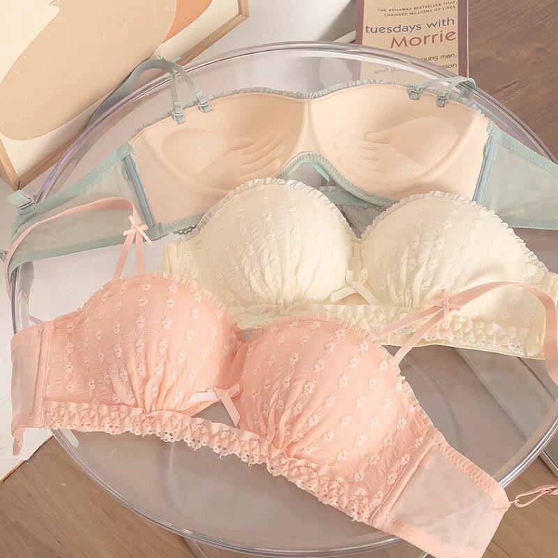 小胸聚拢内衣女无肩带抹胸防滑收副乳上托显大蕾丝少女半杯文胸罩