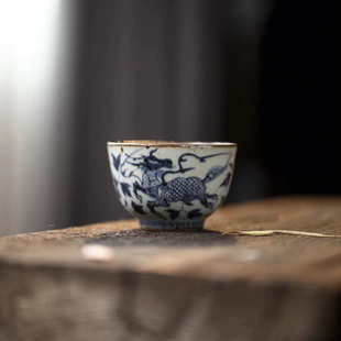 蓝幽仿古手晴口杯手绘120ml收神采主人作先生麒麟博物馆元青花杯