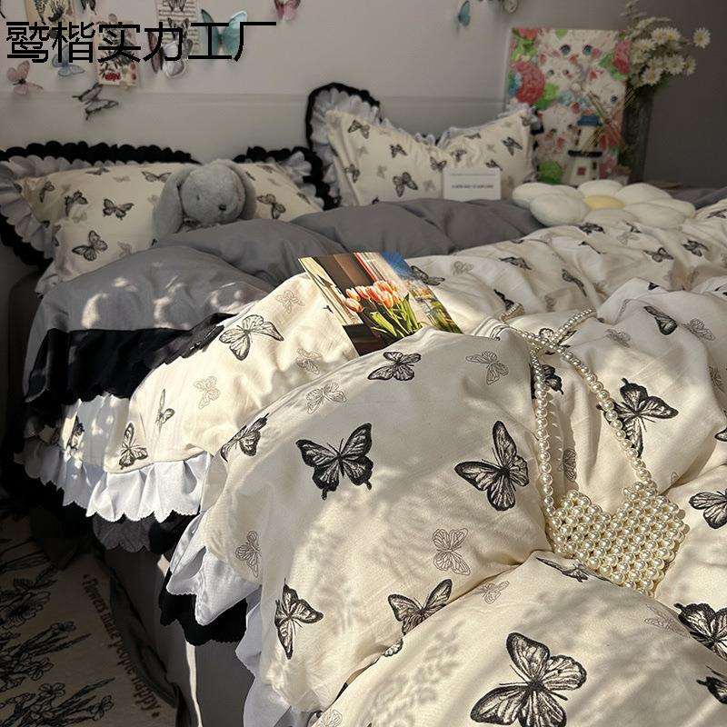 法式柔软少女心蕾丝花边被罩四件套韩版蝴蝶被套床单床笠款三件套