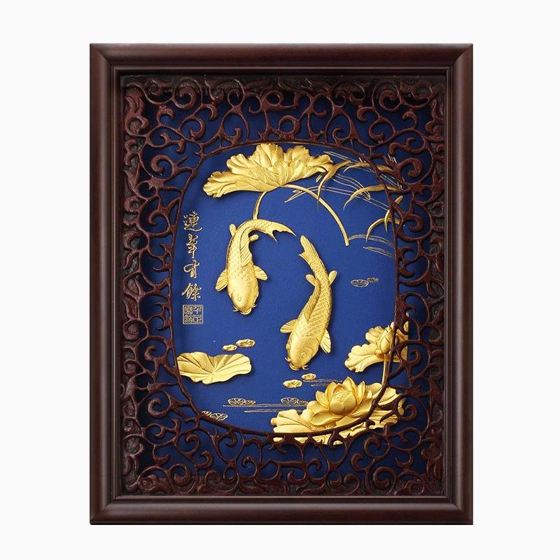 金箔画连年有余客厅装饰画送朋友高档礼品公司桌面摆件