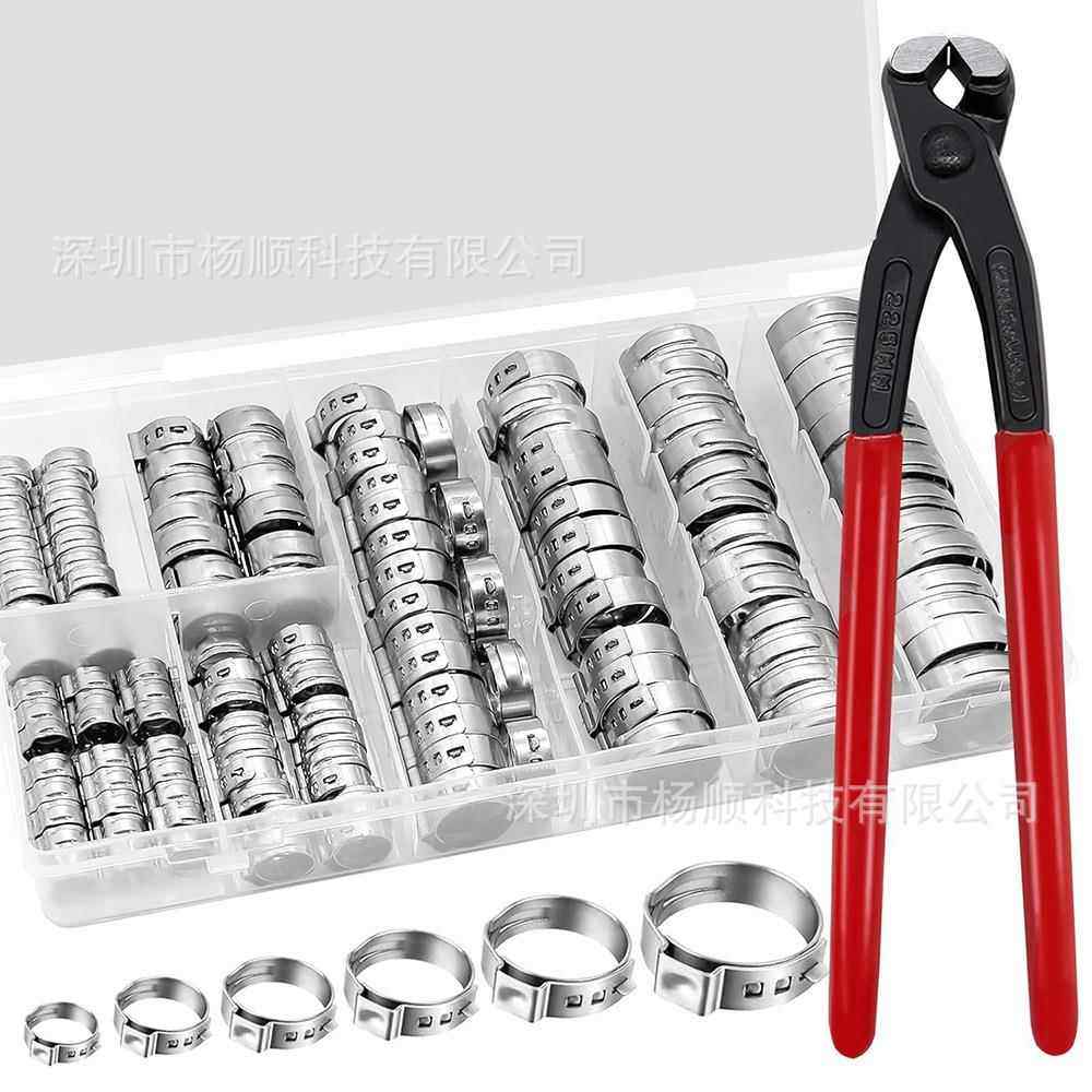 跨境115pcs盒装 304不锈钢单耳无极卡箍5.8-28.6mm组合装配卡箍钳