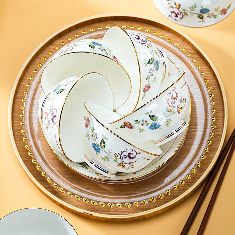 金边饭碗家用陶瓷碗米饭碗防烫碗景德镇北欧大号饭碗骨瓷碗汤面