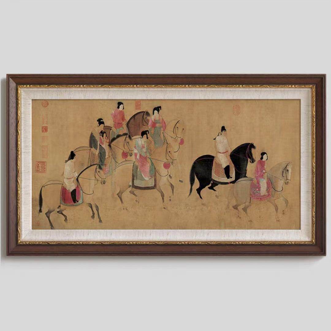 游春图》法式中古风客厅装饰画新中式玄关矮柜壁画卧室书房挂画