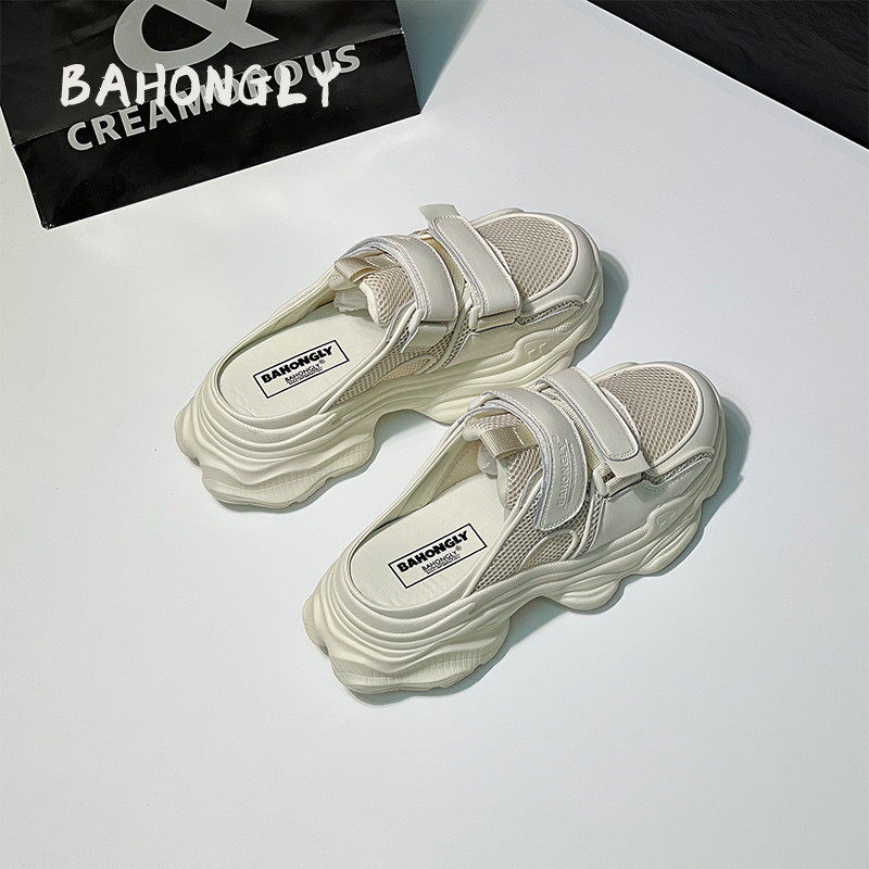 无后跟运动老爹鞋增高小个子一脚蹬懒人休闲魔术贴厚底包头半拖女,女鞋,包头拖,淘宝优惠券,粉丝福利购,淘宝优惠卷