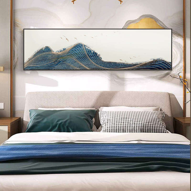 海上生明月新中式装饰画横版风景轻奢抽象卧室挂画床头壁画中国风