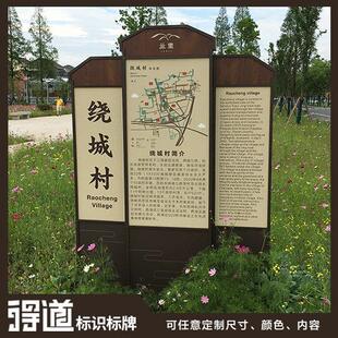特色乡村总平面图介绍说明标牌景区导视标识系统不锈钢板烤木纹漆