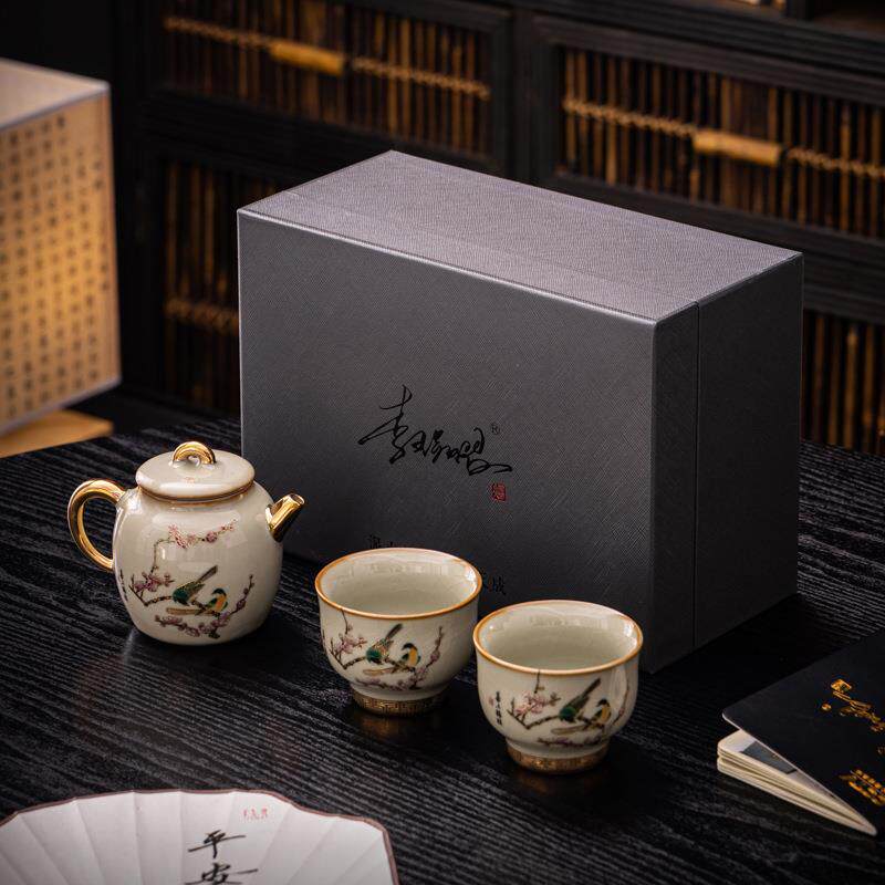 青玉汝窑喜上眉梢一壶两杯复古李辉熠泡茶壶汝瓷茶具套装单茶壶