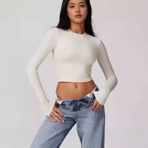 Women Long Sleeve Crop Top Slim Fit Stretchy Basic Tee Solid