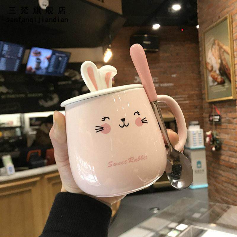 可爱少女心马克杯创意个性兔陶瓷杯子办公室水杯潮流咖啡杯带盖子