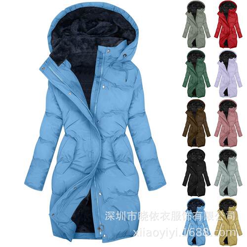 Warm long fur collar pocket women's hooded cotton jacket