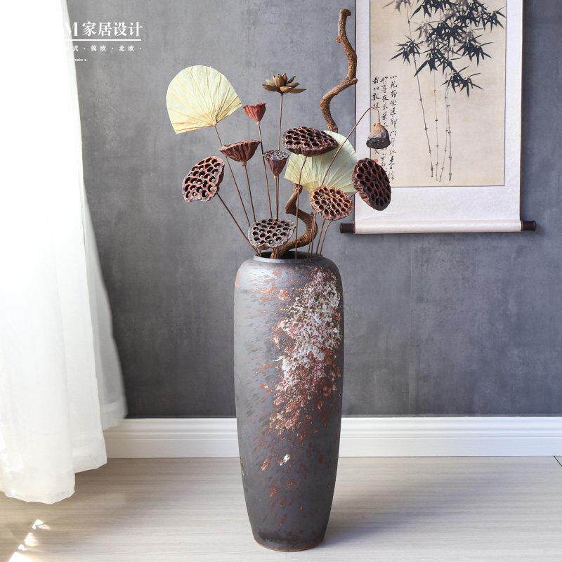 景德镇大花瓶摆件客厅落地陶瓷插花干花轻奢高档手工制作复古棕色