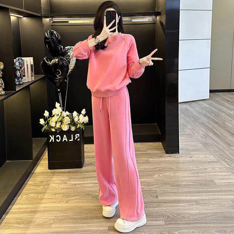 欧洲站休闲 运动套装女2025新款春秋季多巴胺粉色卫衣阔腿裤两件