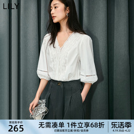 lily2024夏女装(夏女装)法式重工，花边v领全棉，白色泡泡袖雪纺衫衬衫女