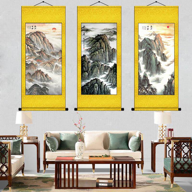 有山无水画靠山图日出泰山挂画稳如泰山丝绸卷轴玄关办公室靠山图