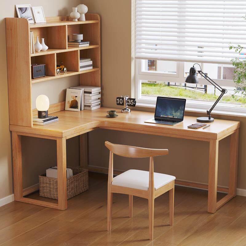 实木转角书桌书架一体现代简约电脑桌L型书房办公桌小户型写字台