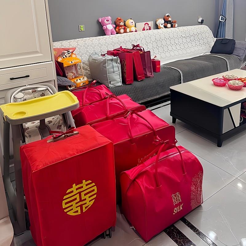 备婚用品毛毯刺绣款礼品袋喜被子大红色喜品婚品用品衣物袋装婚礼