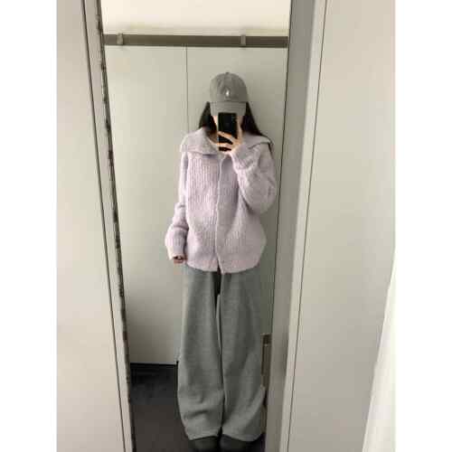 上衣紫色高级感翻领毛衣开衫女款秋冬季宽松慵懒风独针织开1007d