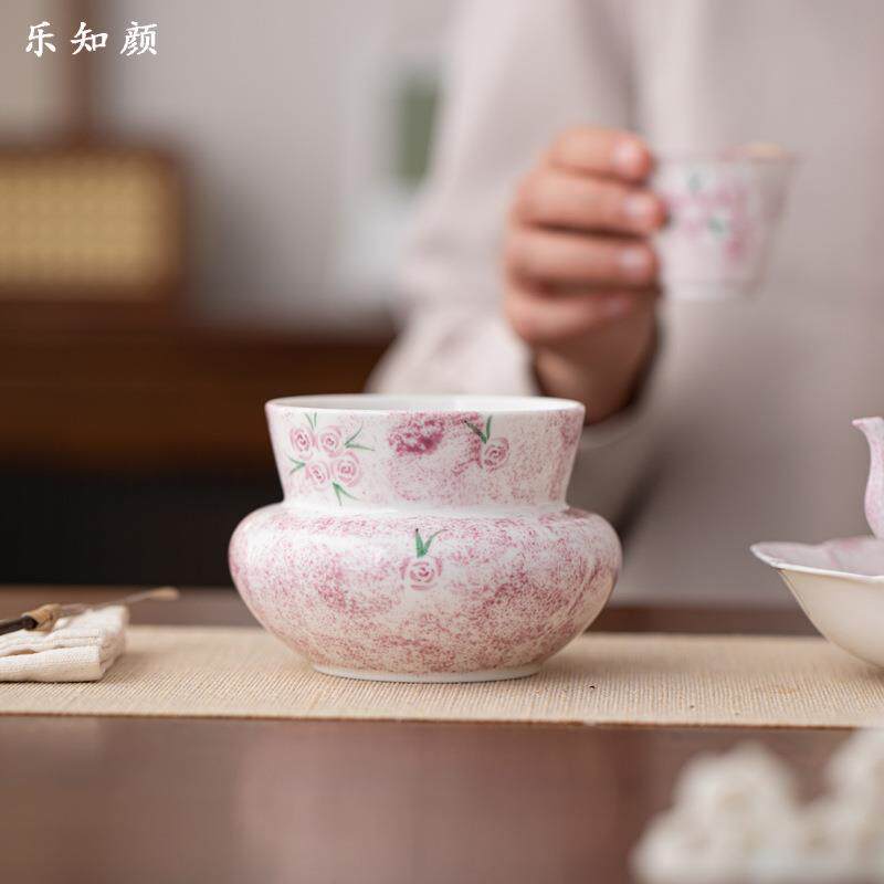 陶瓷茶洗釉下彩手绘玫瑰花建水功夫茶具家用茶空间水盂干泡茶渣缸