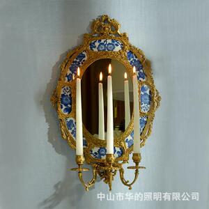 欧式陶瓷配铜椭圆形挂镜配烛台壁饰摆件美式别墅家居饰品全铜挂件